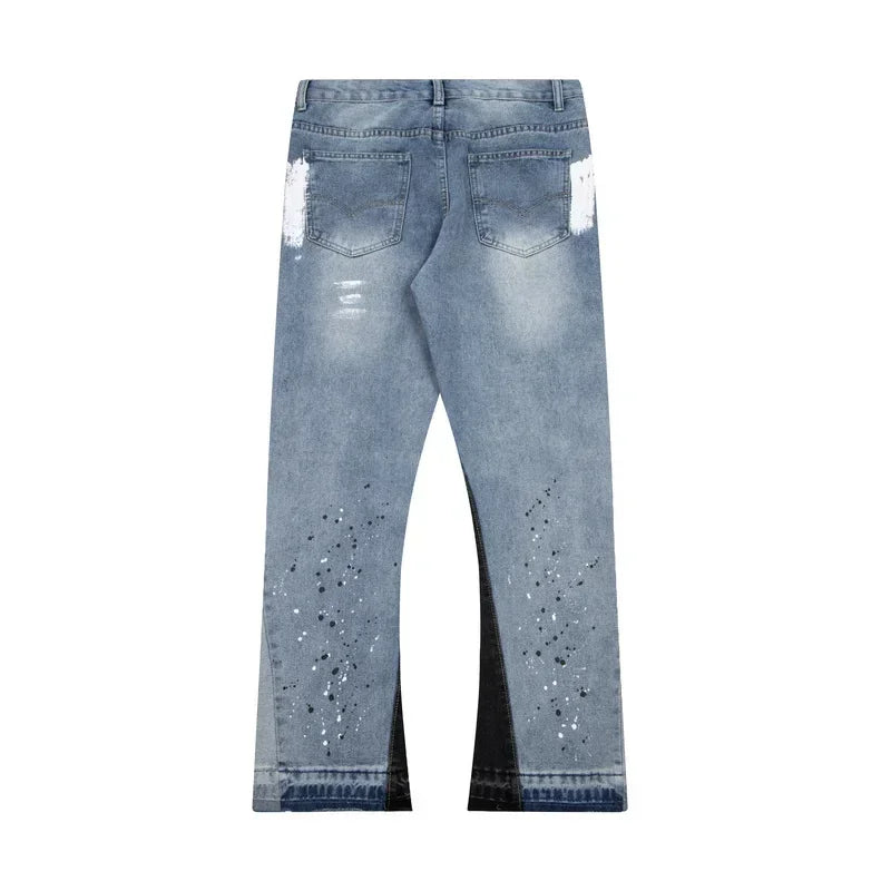 American retro washed letter spliced denim trousers high street trendy brand couple loose straight micro-flared long trousers - Matrix Studios