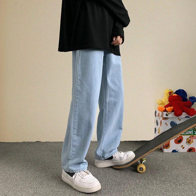 2023 Spring New Streetwear Baggy Jeans Men Korean Fashion Loose Straight Wide Leg Pants Male Brand Clothing Black Light Blue - Matrix Studios