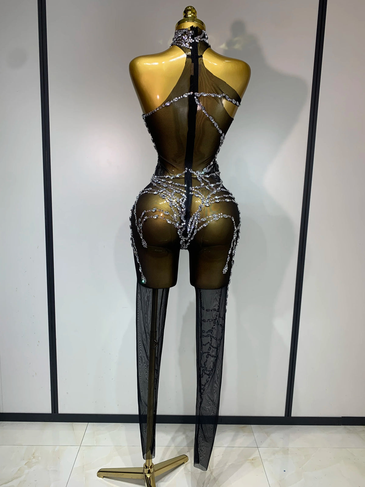 STOCK Sparkly Diamond Women Sexy Mesh Jumpsuit Nightclub Bar Party Show Gogo Dancer Clothing Drag Queen Outfit Stage Costume - Matrix Studios