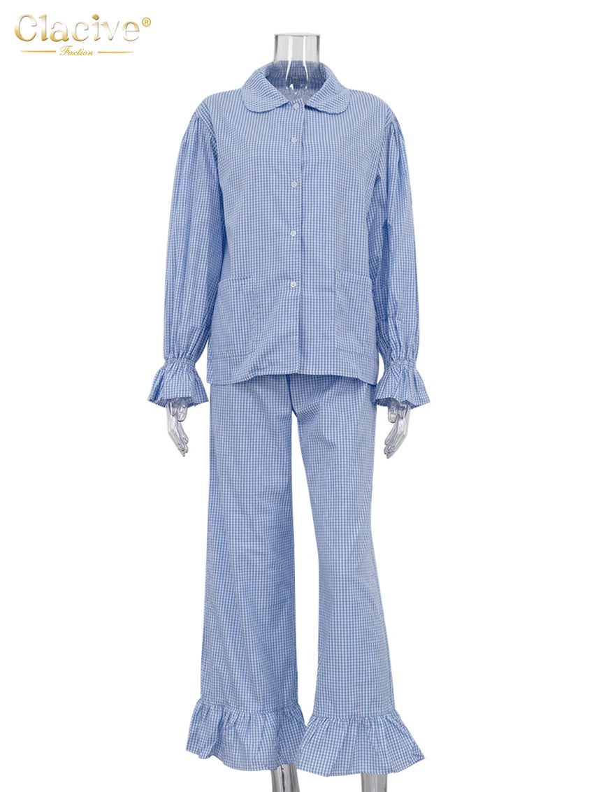Clacive Fashion Loose Plaid Cotton Women's 3 Pieces Set 2025 Elegant Long Sleeve Shirt With High Wiast Wide Pants Set Female - Matrix-studios.com