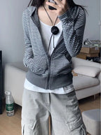 2000S American Vintage Striped Loose Long Sleeve Hooded Sweatshirt Y2k Subculture Casual Zip Up Hooded Cardigan Harajuku Coats - Matrix Studios
