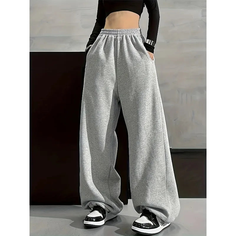 Solid Color Comfortable Wide Leg Pants with Elastic Waist Pocket, Casual Loose Fit for Autumn and Winter - Matrix-studios.com