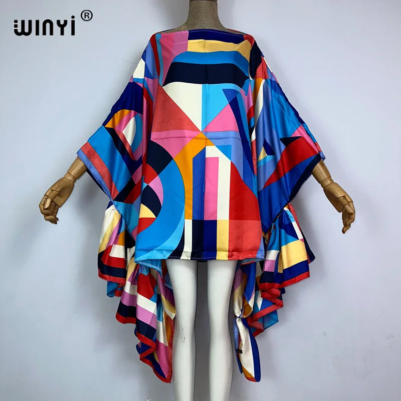 WINYI Women Summer Fashion Evening Party Beachwear Kuwait Bohemian Abaya Kaftan Puff Sleeve Sexy Elegant Beach Cover Up Dress - Matrix Studios