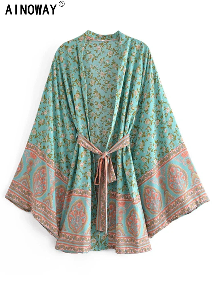 Boho Vintage Multi Floral Print Sashes Kimono Women bohemian V Neck batwing Sleeves rayon cotton happie short robe Cover-ups - Matrix Studios