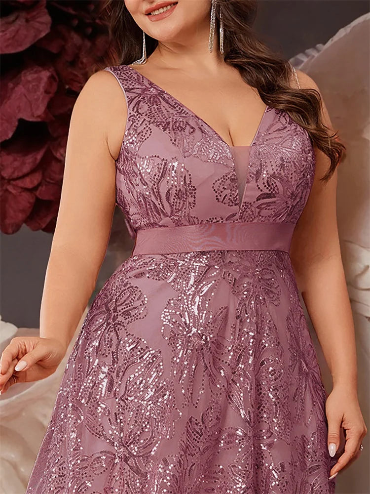 Plus Size Luxury Deep V-Neck Sequins Blue Evening Dress Women Elegant V-back Wedding Party Long Prom Cocktail Dresses - Matrix Studios