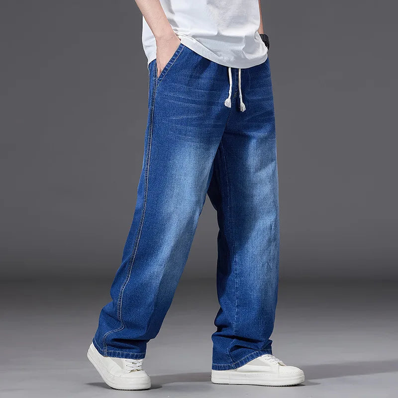 8XL Elastic Waist Men's Jeans, Loose Straight Leg Stretch Denim Pants, Plus Size Casual Streetwear, Big Size Relaxed Fit Trouser - Matrix Studios