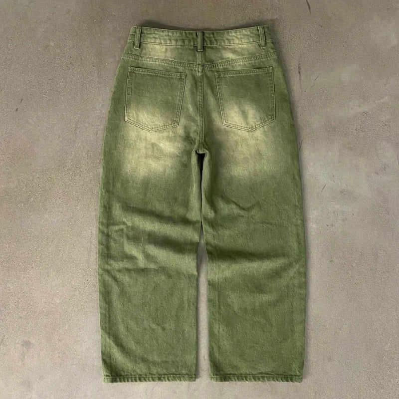 Y2K Street Matcha Denim Jeans Pocket Green 6 Ball Embroidery Denim Pants London High Street Trend Streetwear Unisex Baggy Jeans - Matrix Studios