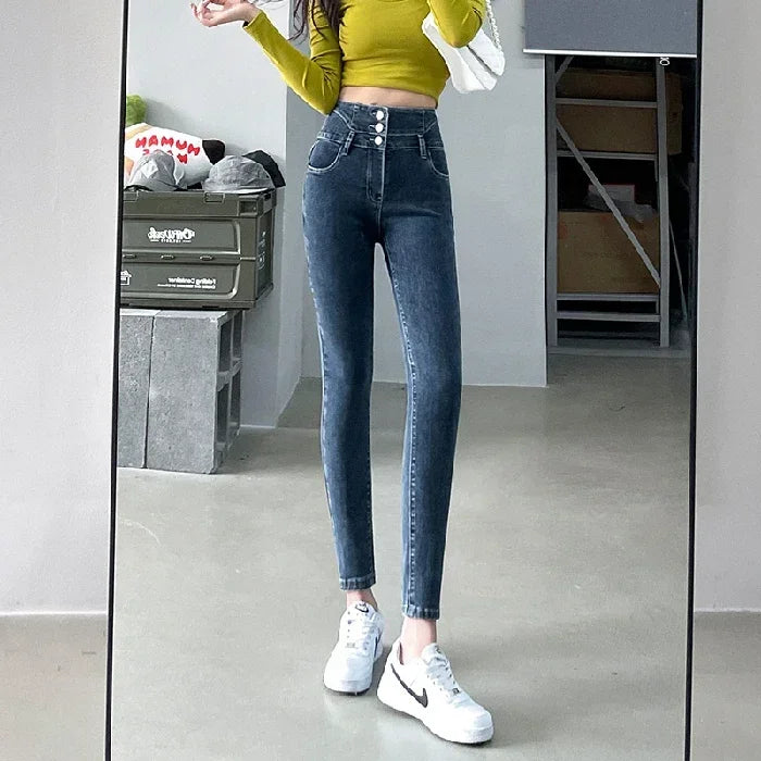 New Women's High Waist Stretch Jeans Blue Black Gray Fashionable and Versatile Multi-button Popular Slim Denim Long Pants Female - Matrix-studios.com