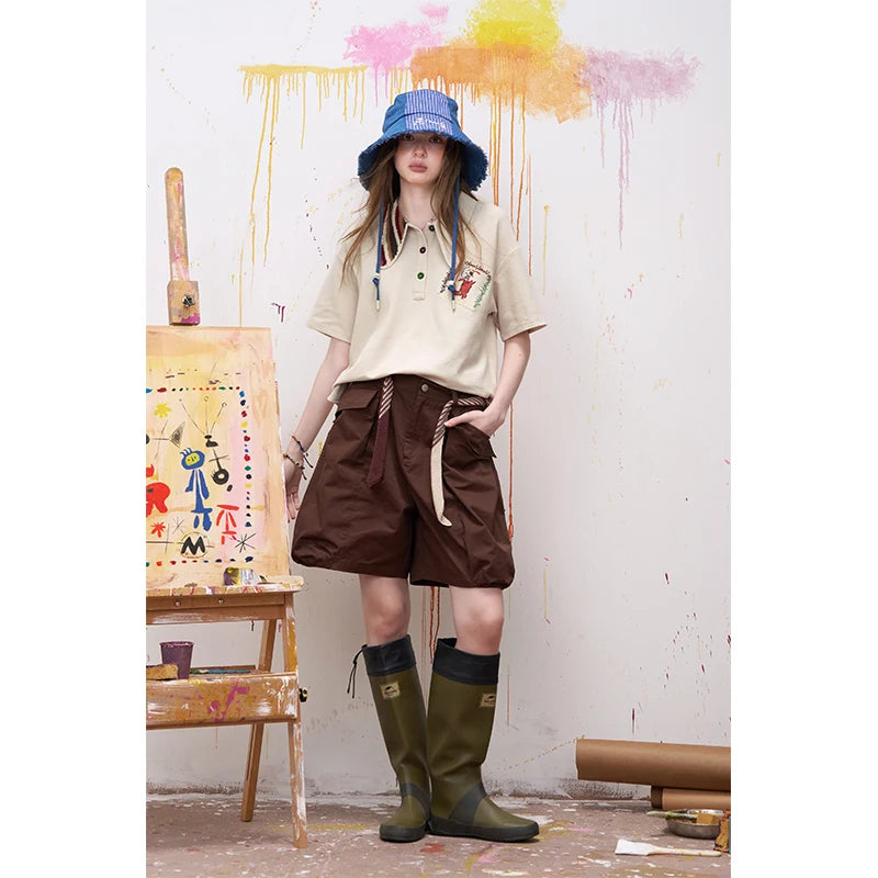 ELFSACK Asymmetric Crochet Collar Polo Shirt with Cartoon Embroidery for Women - Matrix-studios.com