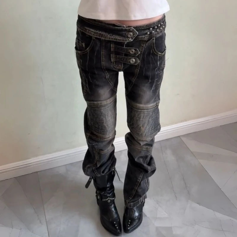 American Vintage Washed Distressed Pleated Button Jeans Women Streetwear Y2k Retro Full Length Pants Slim Spring Summer - Matrix-studios.com