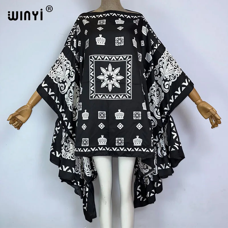 WINYI Women Summer Fashion Evening Party Beachwear Kuwait Bohemian Abaya Kaftan Puff Sleeve Sexy Elegant Beach Cover Up Dress - Matrix Studios
