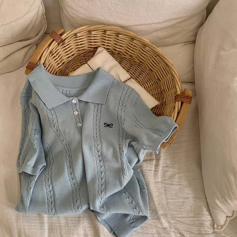 WinvyNee Spring Summer Women's Cotton Sweaters Polo Short Sleeve Clothing Bow T Shirts Casual Outerwears Pullover Tops A1522066 - Matrix-studios.com