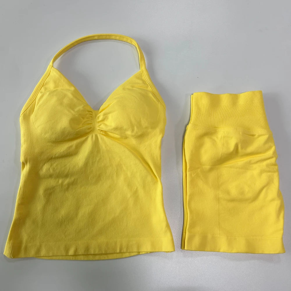 No Logo 2Pcs Gym Set Women Backless Tank Tops High Waist Scrunch Seamless Shorts Gym Suit Fitness Clothes Activewear Workout Set - Matrix-studios.com