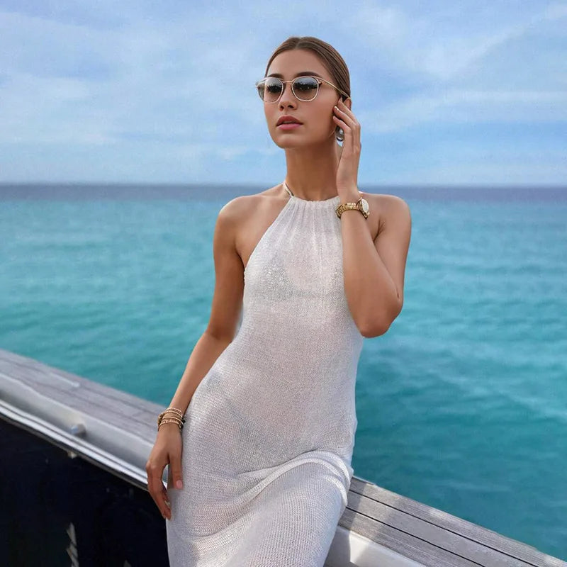 Women Cover Ups Sexy Hollow Out Dresses Spliced Sleeveless Split Long Dress Swimwears Sling Backless Knit Y2k Summer Beach - Matrix Studios