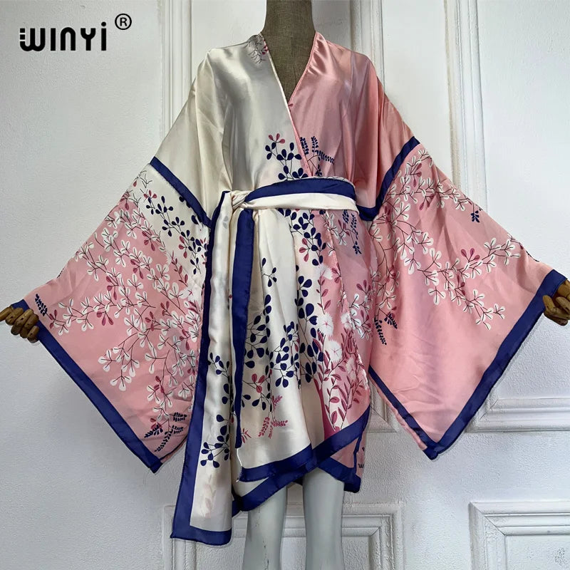 WINYI Summer Beach Outfits Women Swim Suit Cover Up Kaftan Boho Cardigan Stitch Self Belt Sexy Holiday Long Sleeve Print Kimono - Matrix Studios