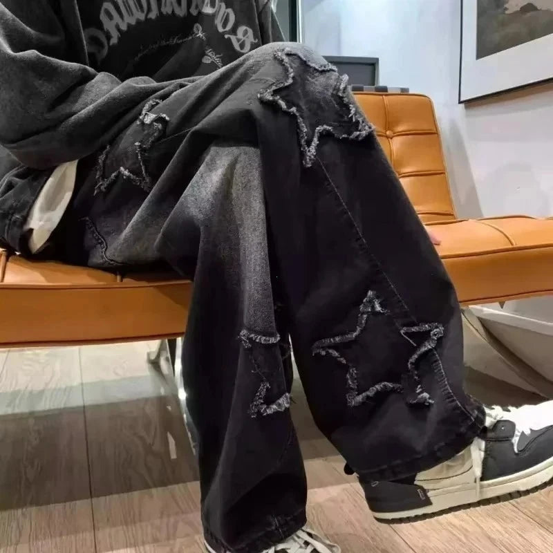 2025 New Fashion Stars Towel Embroidery Brown Men Jeans Pants Y2K Clothes Straight Hip Hop Cotton Trousers Pantalon Homme - Matrix Studios