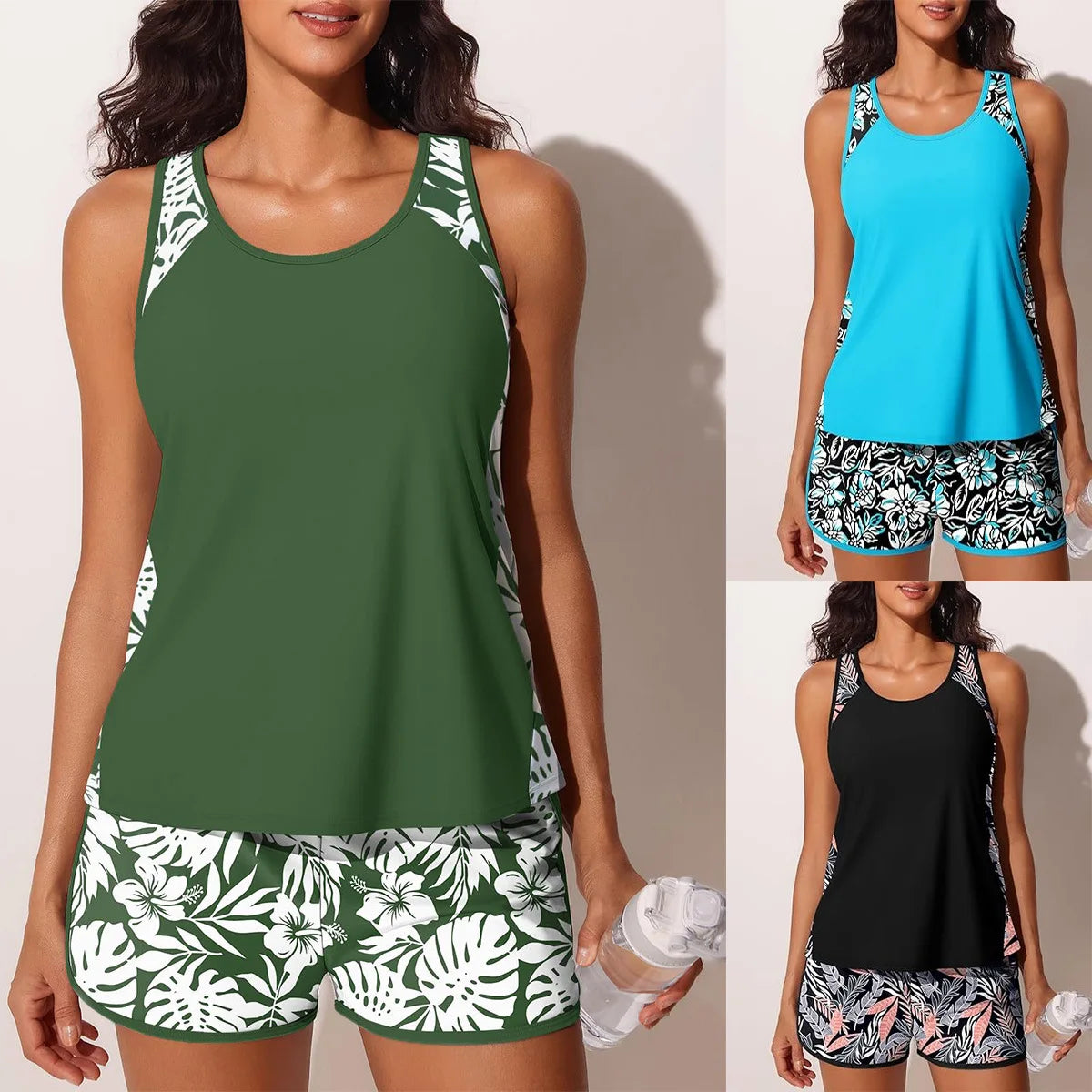 Women Tankini 2 Piece Swimsuit Color Block Tropical Floral Leaf Print Racerback Tank Top Boy Shorts Bathing Suit Swimwears - Matrix-studios.com