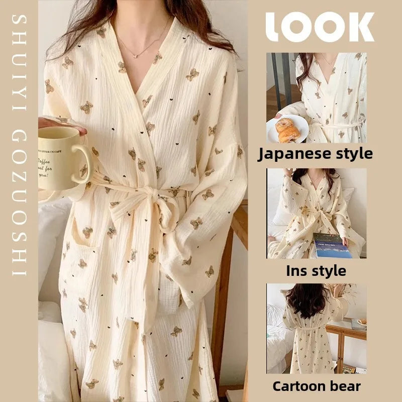 Women Bathing Robe Cartoon Cute Bear Print Bathrobe Nightgown Cardigan Long Sleeve Nightdress Plus Size Loungewear Nightgown Ro - Matrix-studios.com
