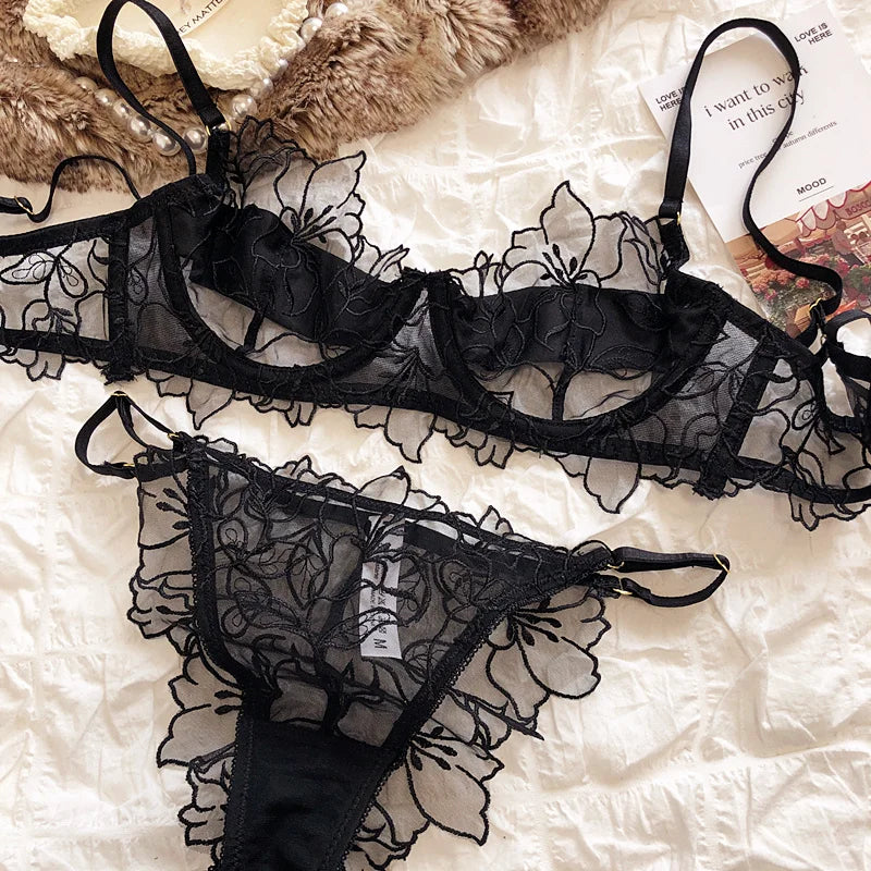 French Underwear Set Sexy Lace Flowers Embroidery Bra Set Women Intimates Summer Ultra Thin Breathable Bralette Lingerie Panties - Matrix-studios.com