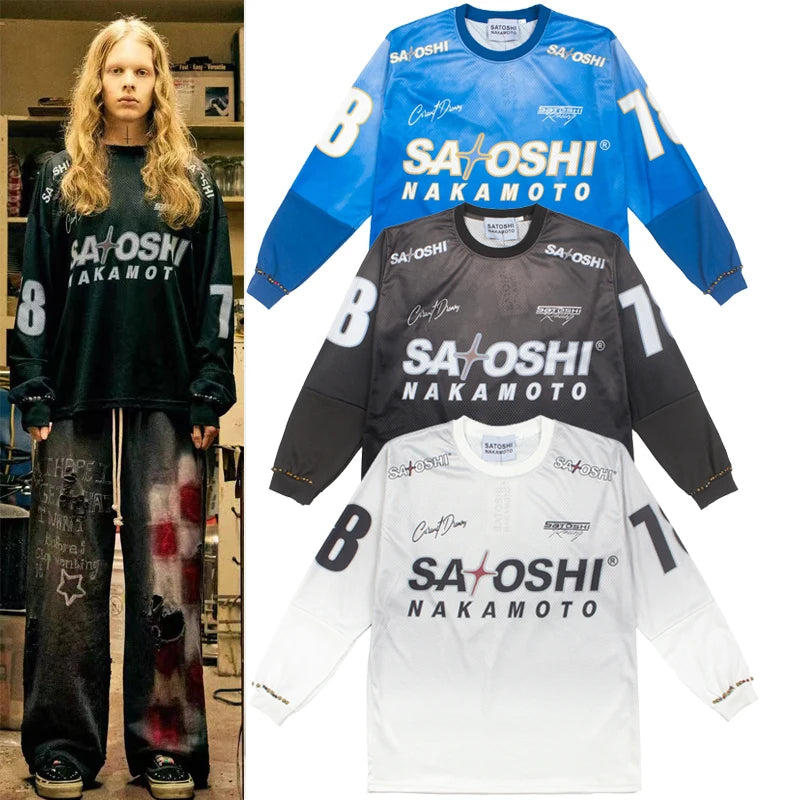 Y2K Racing 78 Number Print Mesh Motorcycle Satoshi Nakamoto Long Sleeve Jersey T Shirt Men Women Breathable Cotton Streetwear - Matrix-studios.com