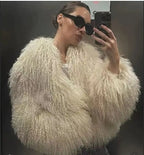 Mongolian Fur Coat Fur Jacket Women's Elegant Fluffy Solid Color Thickened Thermal Long Sleeve Coat Winter Fashion Oversized Lad - Matrix Studios