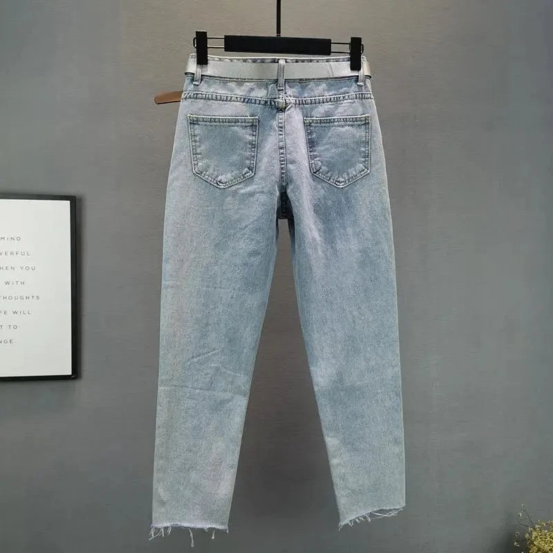 Heavy industry Diamond studded ripped Jeans Women's Street wear 2026 Summer New Loose Nine point Pants Casual Denim Trousers - Matrix-studios.com