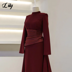 Lily Burgundy Elegant Prom Dresses High-Neck Long Sleeves Mermaid Evening Dresses Satin Muslim Formal Gowns Dubai  Customized - Matrix-studios.com