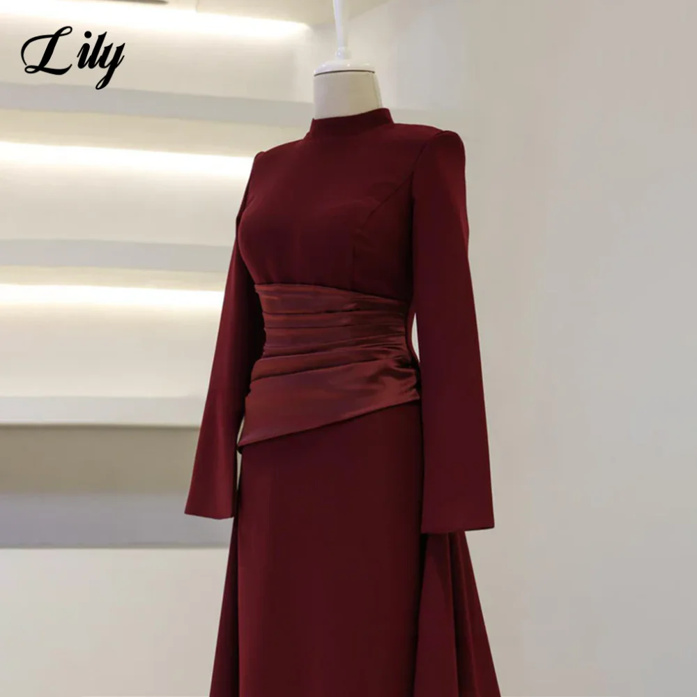 Lily Burgundy Elegant Prom Dresses High-Neck Long Sleeves Mermaid Evening Dresses Satin Muslim Formal Gowns Dubai  Customized - Matrix-studios.com