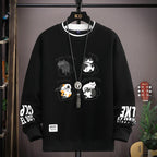 Spring Men's Sweatshirt Japan Cartoon Cats Printed Long Sleeve T-shirt Fashion Men's Clothing Khaki O Neck Harajuku Top 2024 New - Matrix Studios