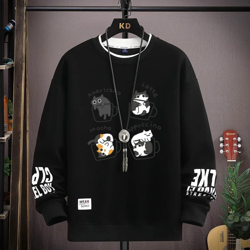Spring Men's Sweatshirt Japan Cartoon Cats Printed Long Sleeve T-shirt Fashion Men's Clothing Khaki O Neck Harajuku Top 2024 New - Matrix Studios
