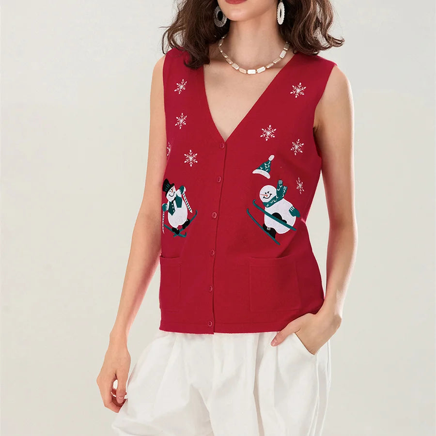 Women Christmas Sweater Vests Santa Claus Print Sleeveless Knit Cardigan Vest Christmas Holiday Tank Top Y2K Clothes - Matrix Studios