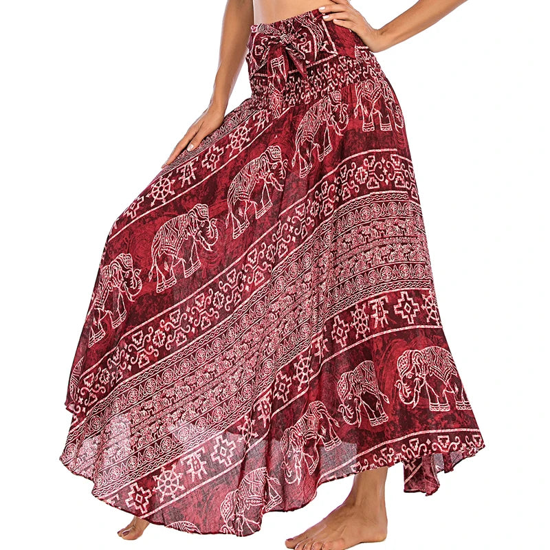 Boho Skirts Women Rayon Beach Long Dress Summer Bohemian Jupe Longue Femme Elastic Waist Print Floral Bandage Halter Hippie - Matrix Studios