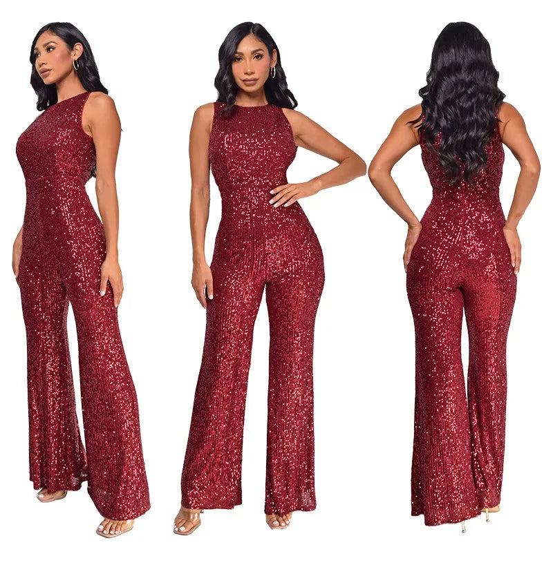 Bling Bling Sequined Club Jumpsuit Sexy Women O-neck Elegant Shiny Sliver Gold Sequins Straight Romper Overalls - Matrix Studios