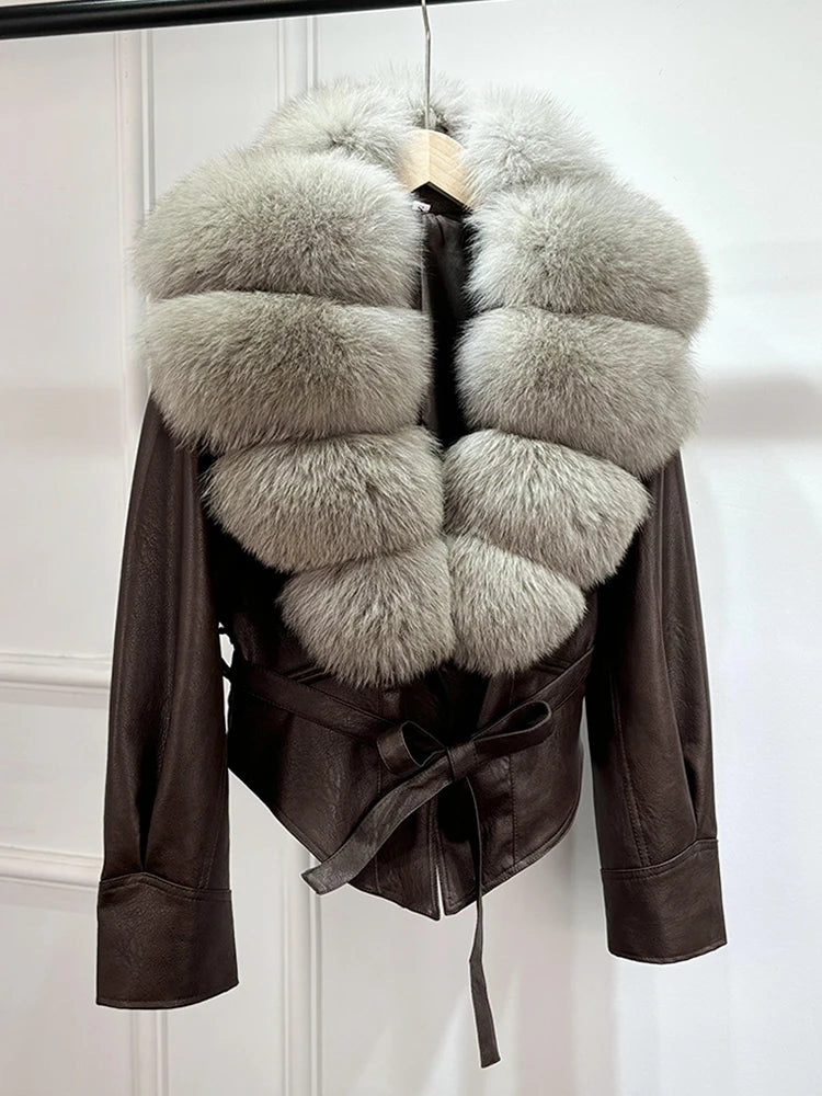 Janveny Huge Big Natural Fox Fur 2025 New Autumen Winter Pu Faux Leather Jacket Women Casual Female Lapel Zipper Motorcycle Coat - Matrix Studios