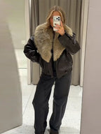 Elegant PU Fur Patchwork Jacket Women Loose Detachable Collar Lapel Double Breasted Jackets Female Fashion Winter Warm Outwear - Matrix Studios