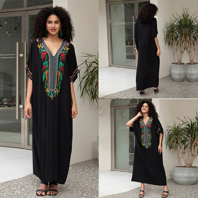 Swimsuit Cover Ups Embroidery V Neck Short Sleeve Swim Cover Up for Women Kaftan Dresses - Matrix Studios