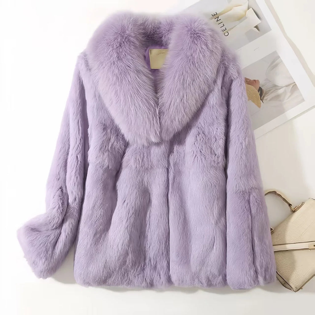 Real Rex Rabbit Fur Coat for Women, Autumn Winter Short Jacket Thick Warm New Fox Fur Collar Elegant Female Warm Outerwear - Matrix Studios