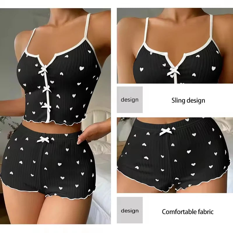 Sexy Sleepwear Women Pajamas Set Heart Print Silk Stain V-Neck Sleeveless Casual Cami Top and Shorts Sets Home Suit Loungewear - Matrix-studios.com