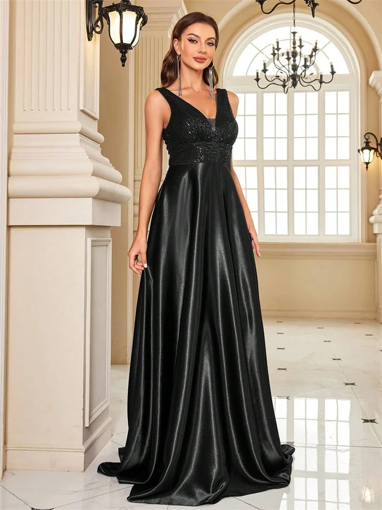 Elegant Sequins Evening Dress For Women 2024 Deep V-neck Satin Prom Party Green Dress Floor Length Blue Formal Gowns - Matrix-studios.com