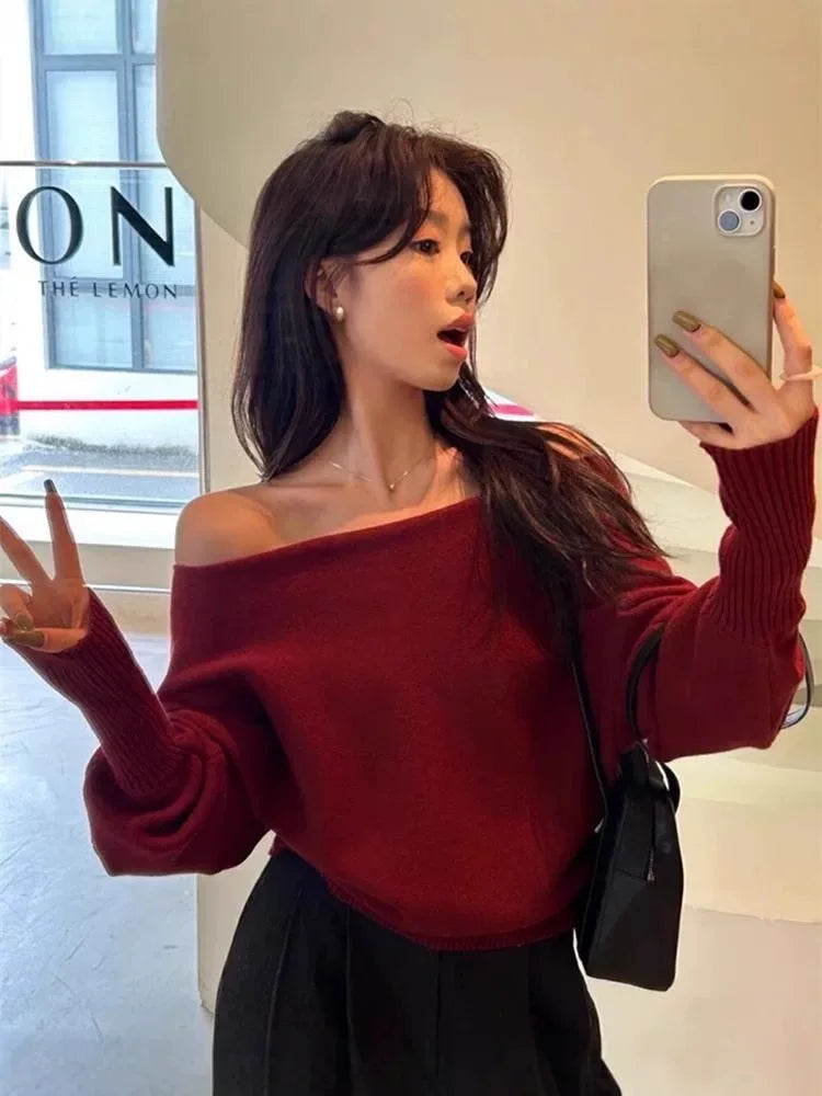 Knitted Sweater Women Pullovers New Long Sleeve Slash Neck Black Knit Sweater Pullover Women Tops Sweaters Women Clothing Q1476 - Matrix-studios.com