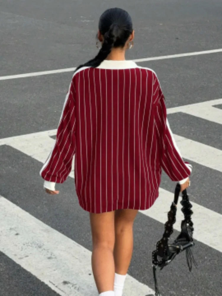 Burgundy White Striped Letter Print Color Block Vintage Streetwear Loose Fit Casual Top Women's Oversized Polo Collar T-Shirt - Matrix-studios.com