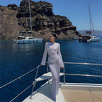 Fashion Women Wrapped Dress Long Sleeve Round Neck See Through Sunscreen Solid Color Backless Beach Long Dress Summer Cover Up - Matrix-studios.com