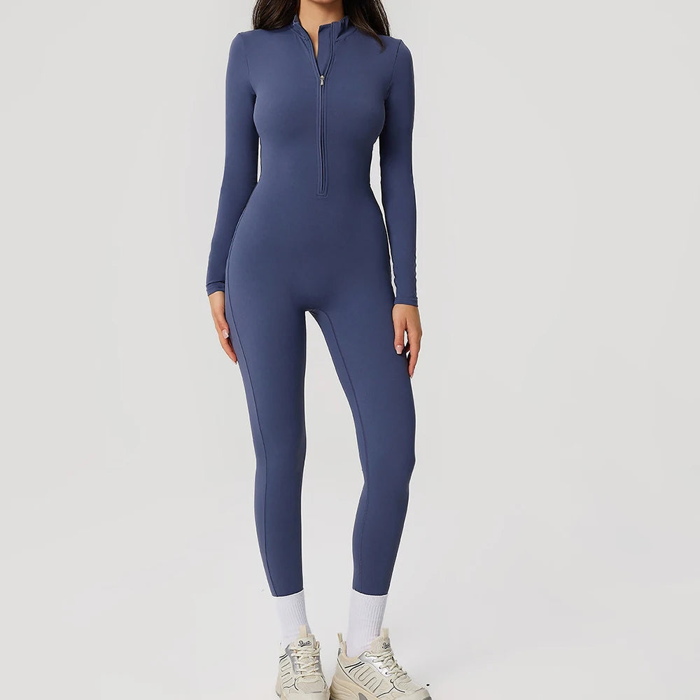 Yoga Boilersuit Long Sleeved Women's Sportswear Gym Zipper Jumpsuits Workout High-intensity Fitness One-piece Skin-tight Garment - Matrix-studios.com