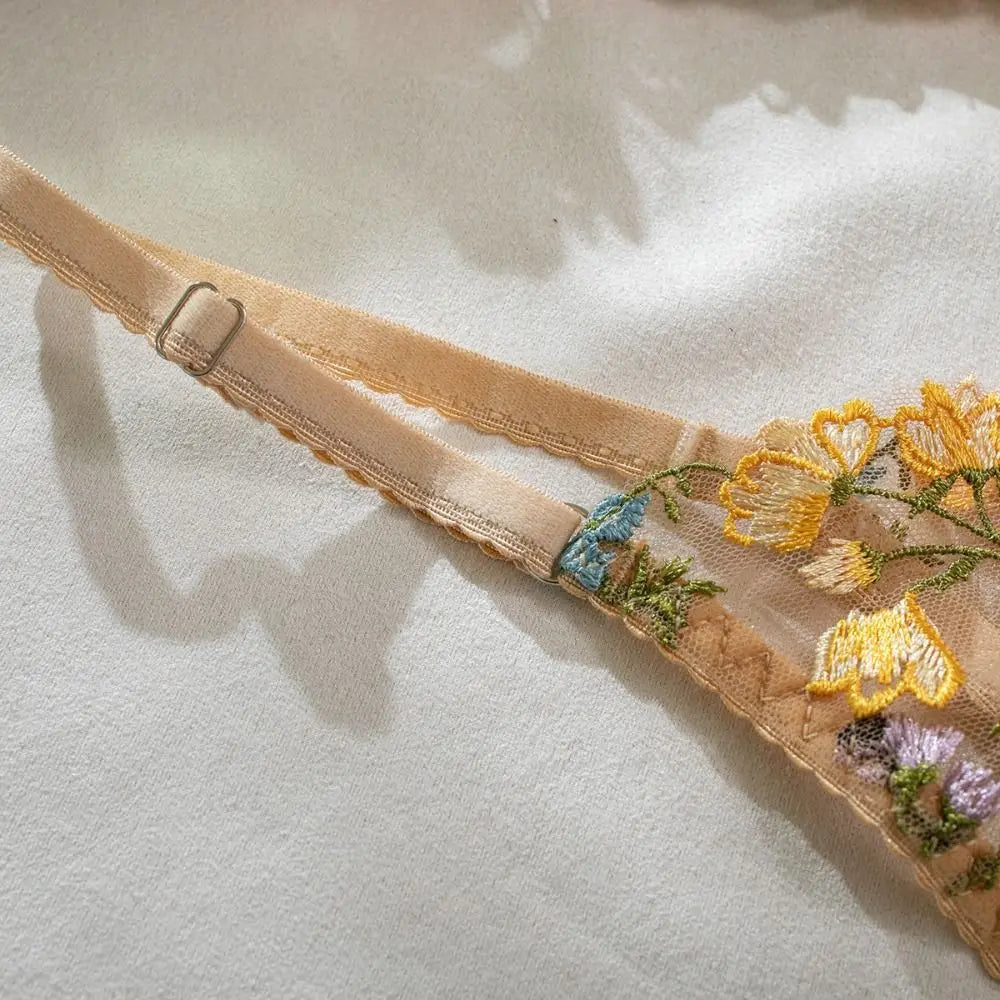 2-Piece Embroidery Lingerie Set Sexy Floral Sheer Wireless Bra Boho Bra Panty Set - Matrix-studios.com