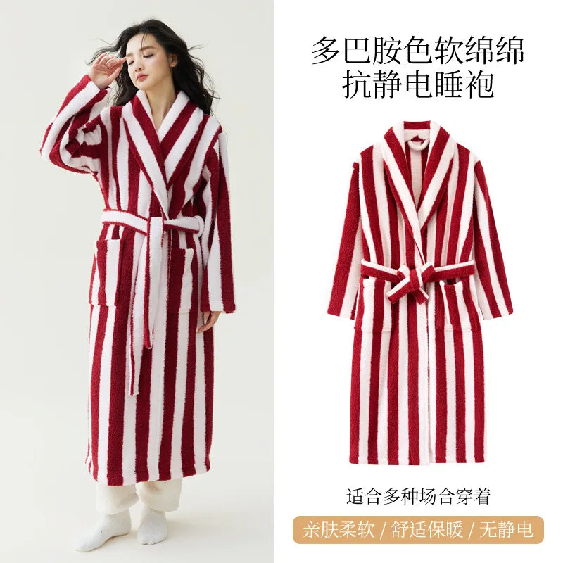 2025 New Autumn/Winter Women's Sleepwear Thick Velvet Warm Robe Couple Coral Velvet Striped Lengthed Home Clothes Bathrobe - Matrix-studios.com