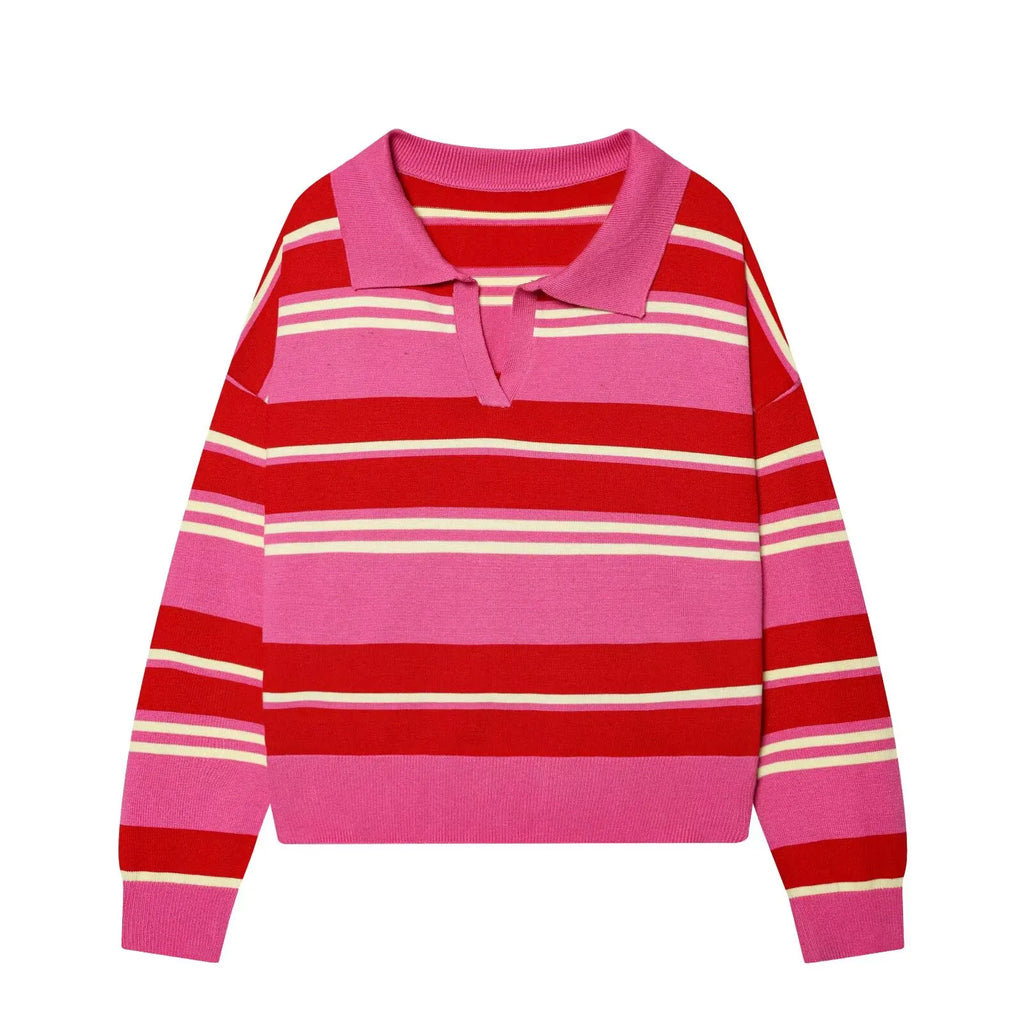 ETJ 2025 Autumn women's new line street style fashion yellow wide stripe polo neck loose version of long-sleeved sweater - Matrix-studios.com