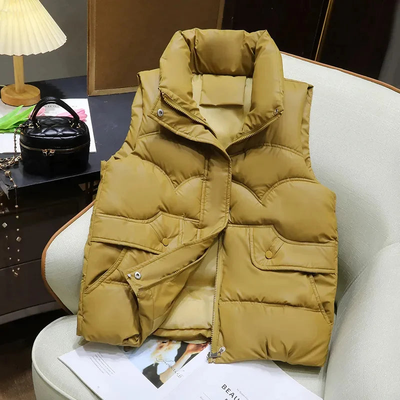 Down Cotton Vest Women 2025 New Autumn Winter Fashion Stand Collar All-Match Warm Sleeveless Waistcoat Jacket Ladies Female Tops - Matrix Studios
