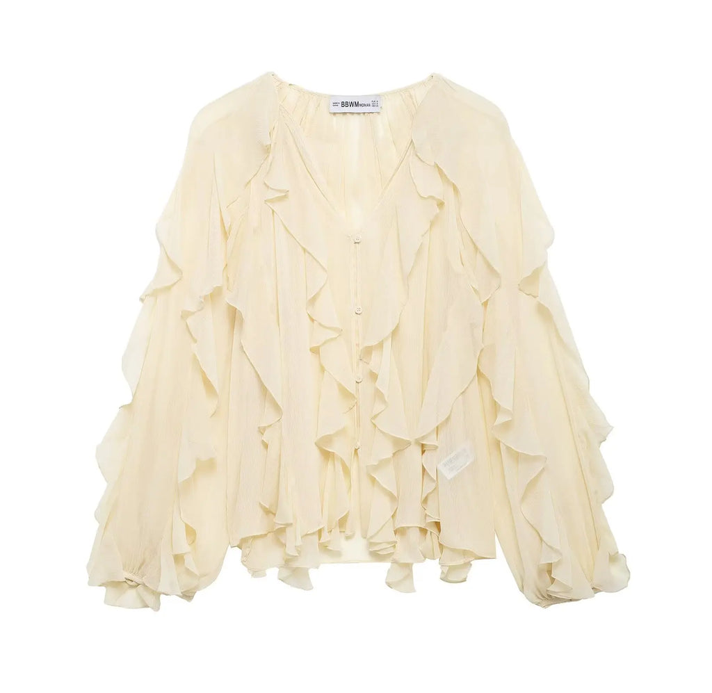 DUOPERI Women Fashion Solid Ruffled Blouse Vintage V-Neck Long Sleeves Female Chic Lady Shirts - Matrix-studios.com