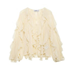 DUOPERI Women Fashion Solid Ruffled Blouse Vintage V-Neck Long Sleeves Female Chic Lady Shirts - Matrix-studios.com