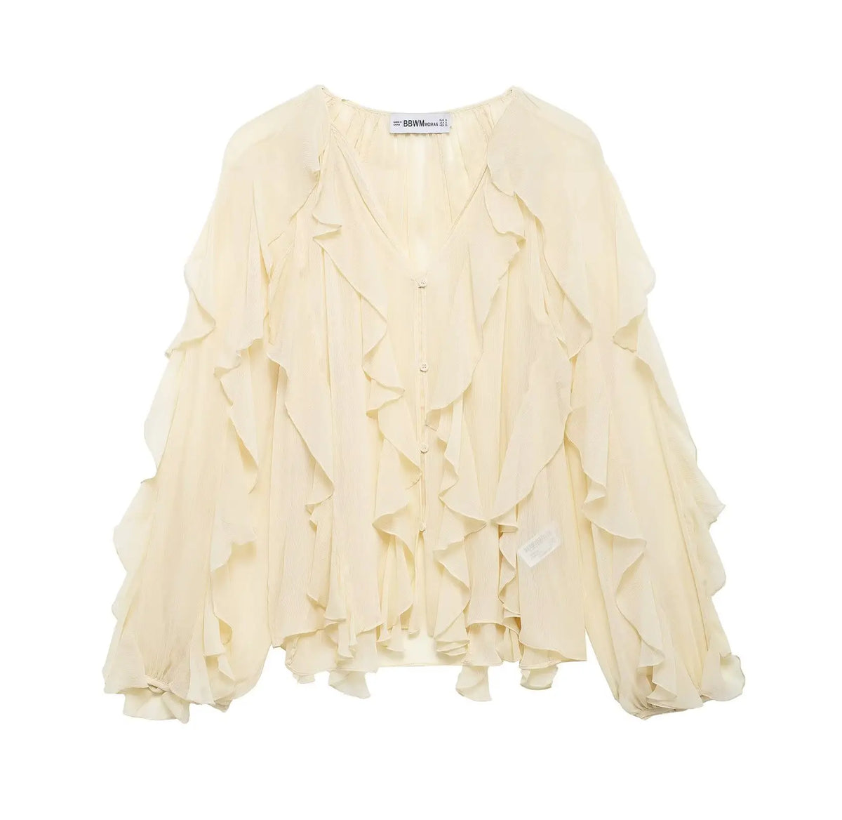 DUOPERI Women Fashion Solid Ruffled Blouse Vintage V-Neck Long Sleeves Female Chic Lady Shirts - Matrix-studios.com